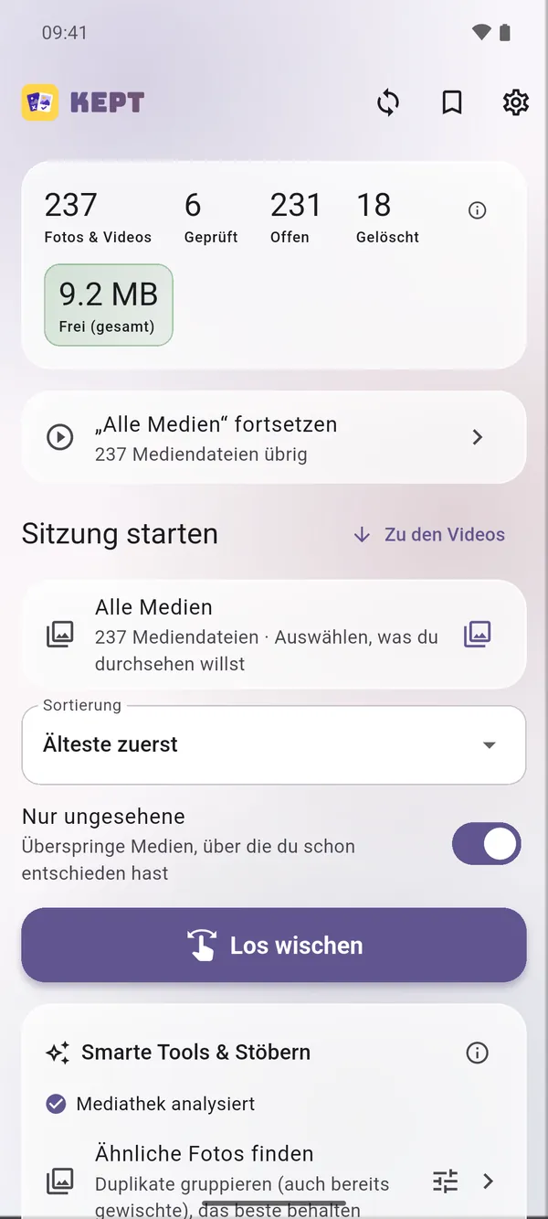 Der Startbildschirm von Kept mit Statistik und Start-Knopf