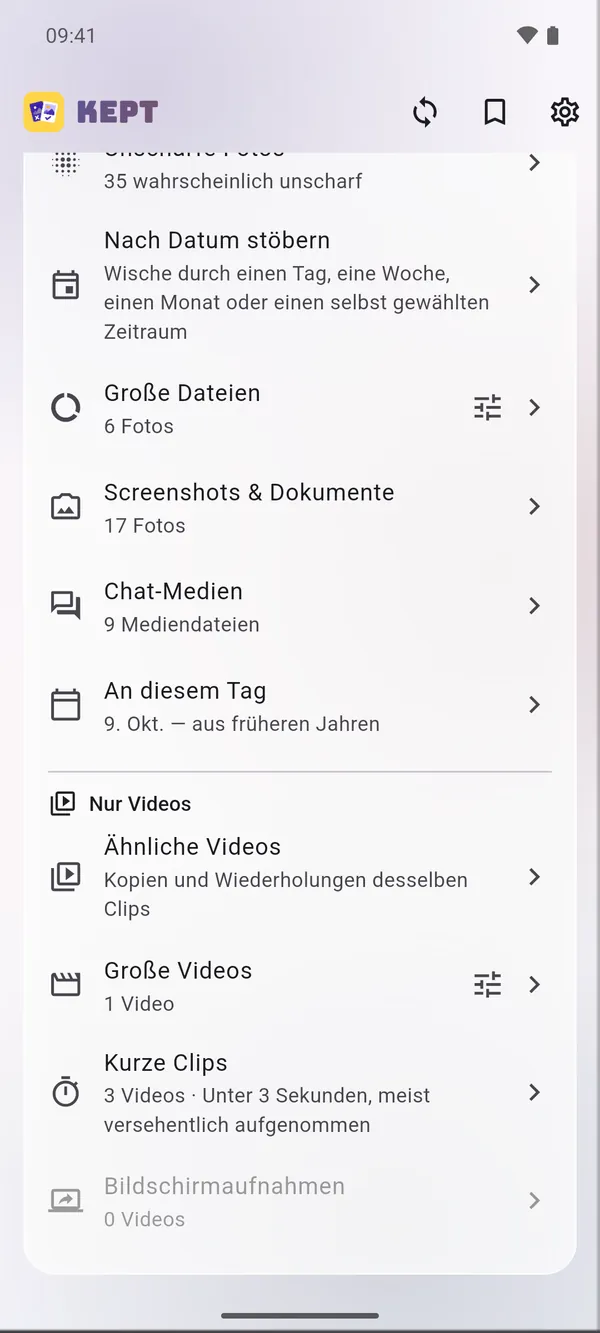 Die Werkzeuge in Kept: ähnliche Fotos, unscharfe Fotos, große Dateien, Screenshots und mehr
