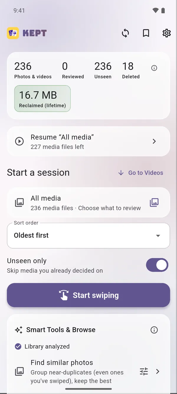 Kept’s home screen with library stats and the start button