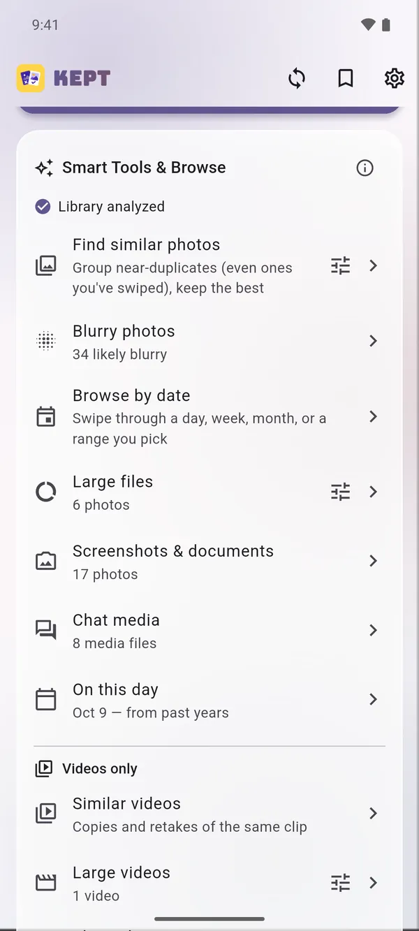 Kept’s smart tools: similar photos, blurry photos, large files, screenshots and more