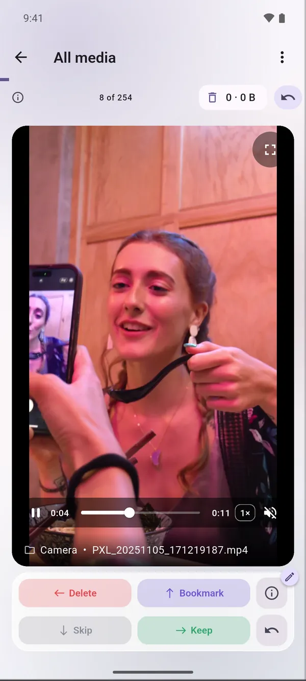 A video in Kept with the scrubber and playback controls